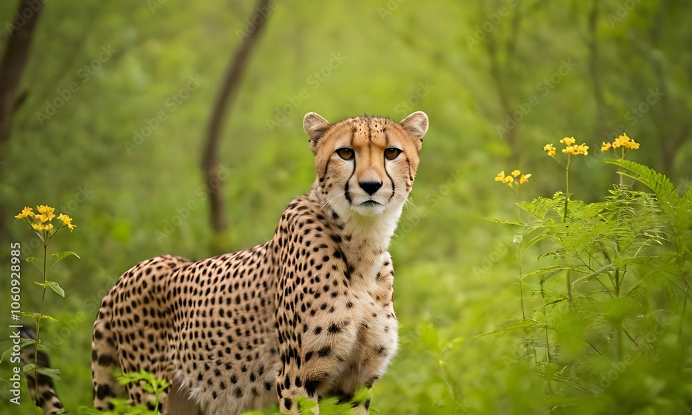 Close-up photo of a lone cheetah standing among the grass in a spring clearing and looking at the camera. Close-up photo of a lone cheetah standing among the grass in a spring clearing and looking at the camera.
