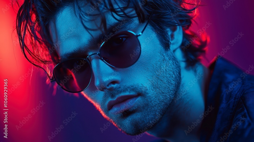 Portrait of an attractive man with messy hair and sunglasses, dramatic neon lights