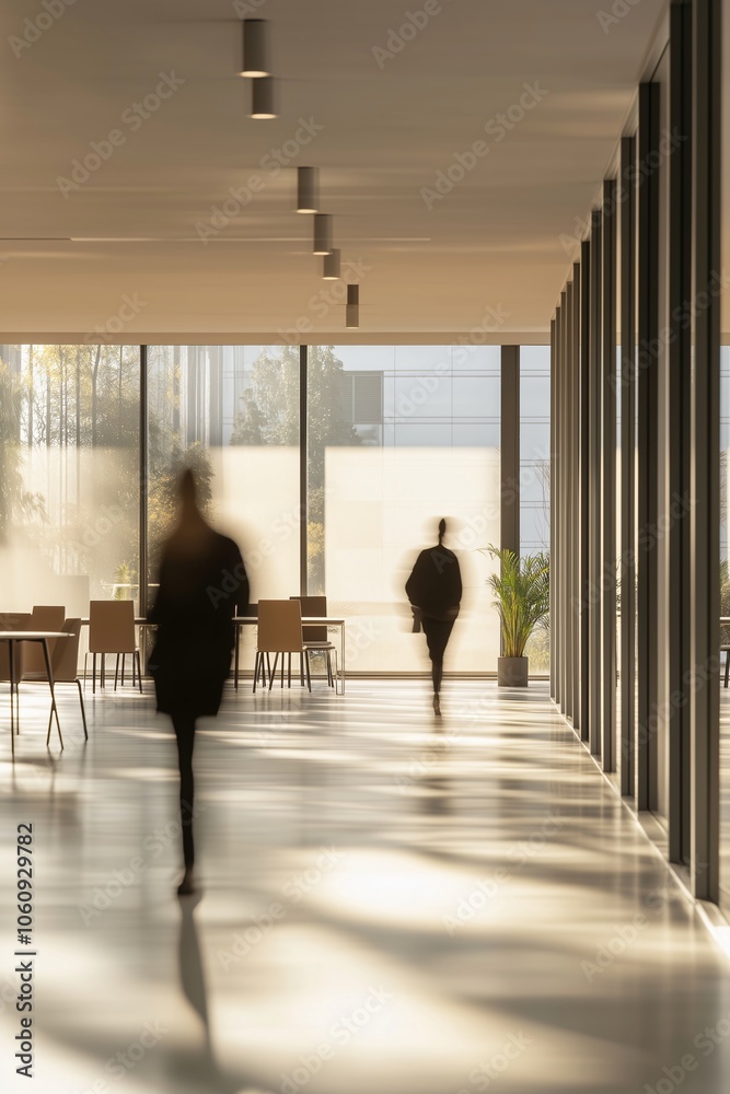 Fototapeta premium Blurred background capturing the dynamic vibe of a modern workplace including blurred motion of people moving through the office