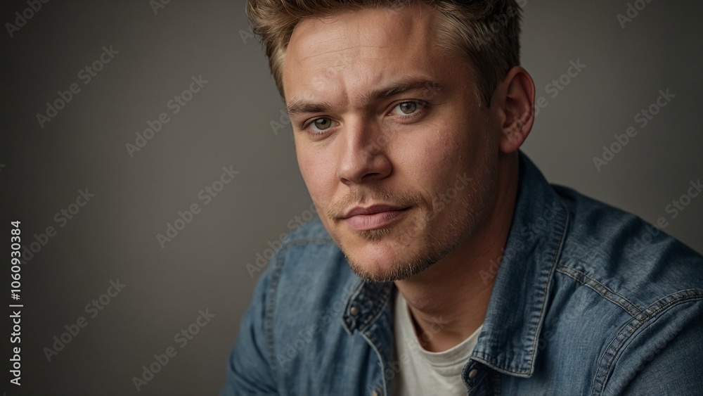 Obraz premium Young man with serious expression posing casually in a denim jacket against a neutral background