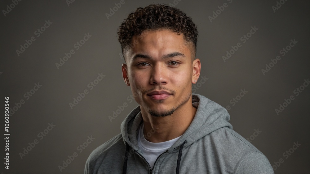 Obraz premium Young man with curly hair and a thoughtful expression wearing a gray hoodie against a neutral background