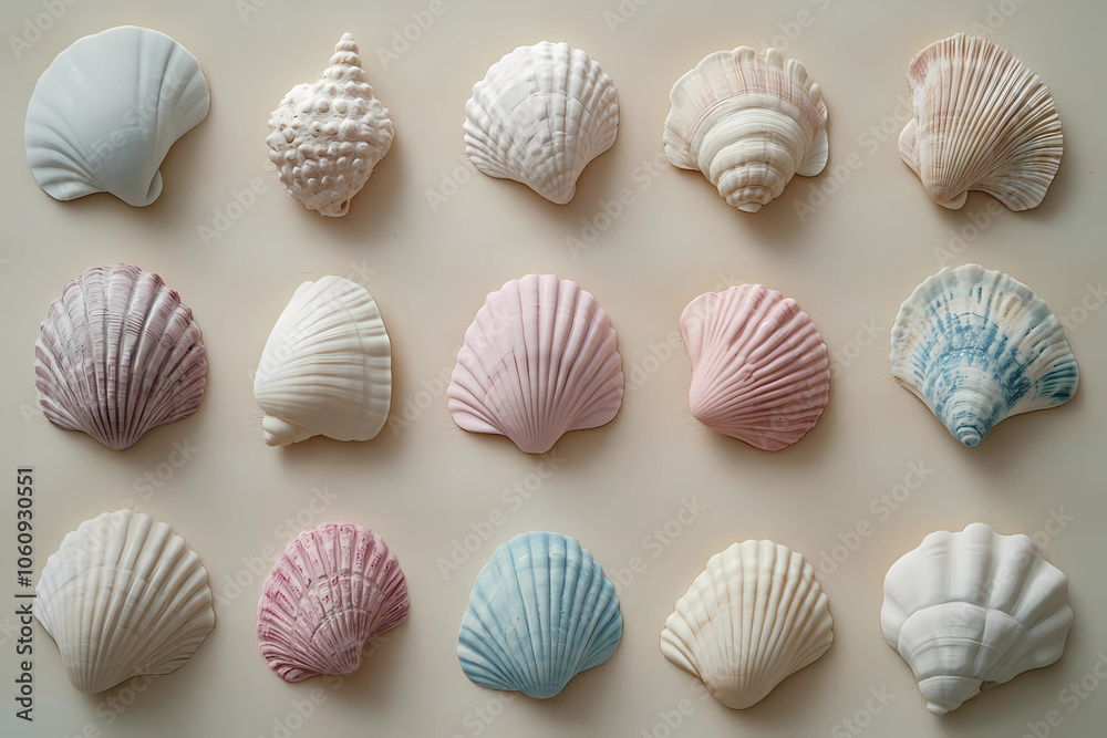 Schöne Muscheln in Pastellfarben auf neutralem Hintergrund

