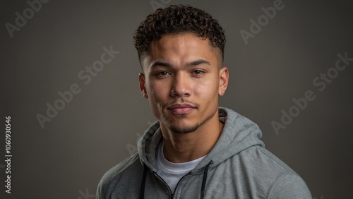 Young man with curly hair and a thoughtful expression wearing a gray hoodie against a neutral background