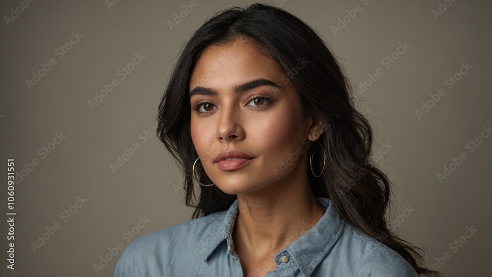 Obraz premium Young Asian woman with a confident expression wearing a denim shirt and hoop earrings against a neutral background