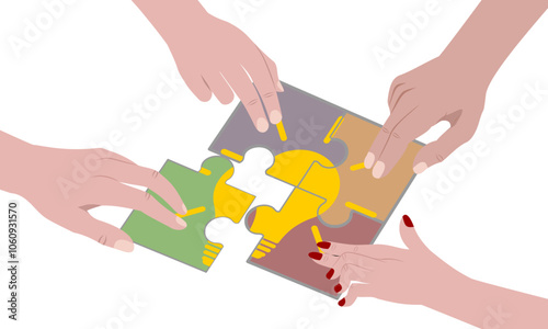 four human hands putting together a puzzle with a light bulb idea icon. teamwork and problem solving concept. vector illustration isolated on white background.