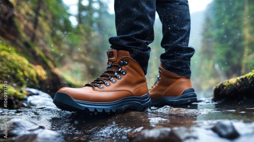 Brown Hiking Boots on a Forest Stream Brown Hiking Boots on a Forest Stream