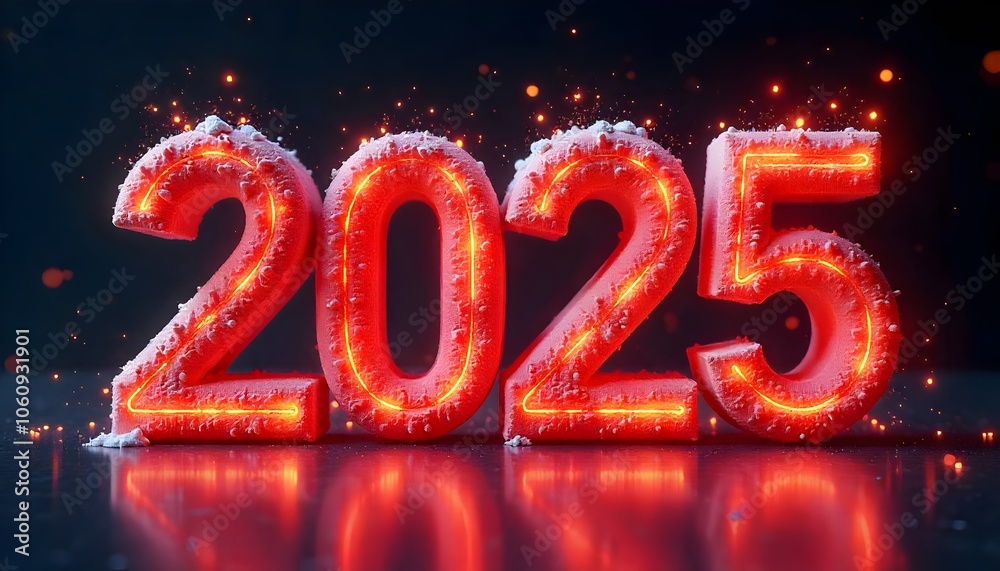 Happy New Year 2025 number, glowing red numbers, with sparkles on a dark background, for greeting card, billboard, flyer and Web banner Happy New Year 2025 number, glowing red numbers, with sparkles on a dark background, for greeting card, billboard, flyer and Web banner