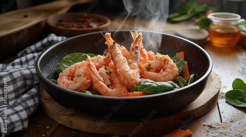 Steaming shrimp with spinach and carrot in a black pan on a wooden table. Steaming shrimp with spinach and carrot in a black pan on a wooden table.