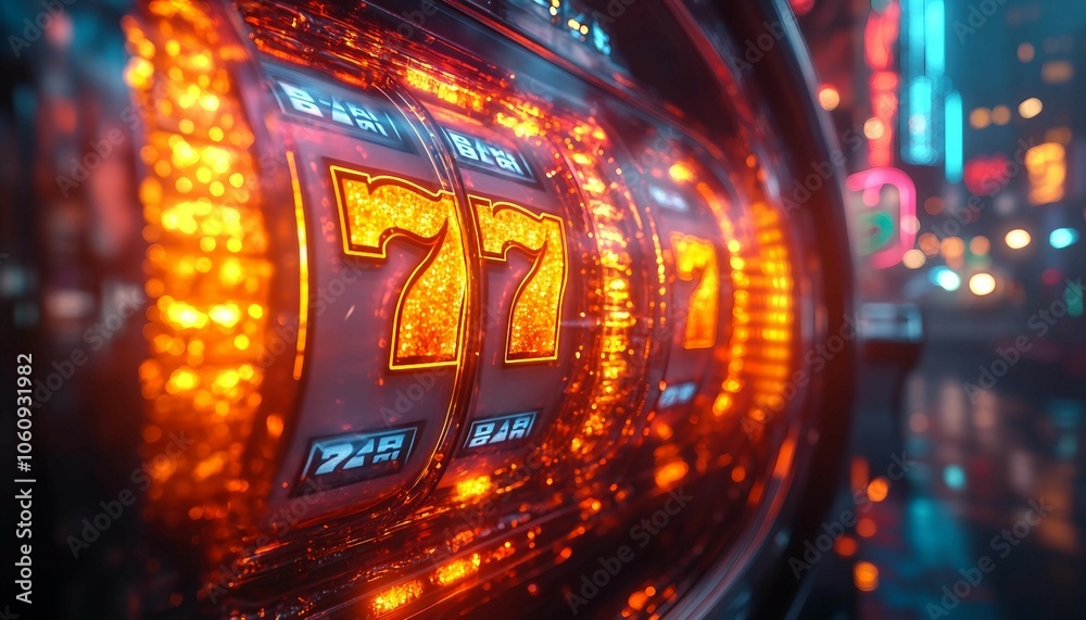 Obraz premium Abstract casino slot machine background. Colourful online casino banner 777 big winning symbol of gold jackpot, casino bar celebration light graphic, 777 symbol, big win, gold jackpot, 