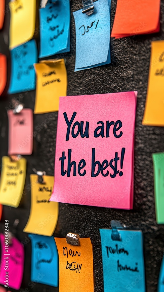 A pink sticky note stating 'You are the best!' stands out against a background of colorful notes clipped to a wall, offering positivity and motivation in bold colors.