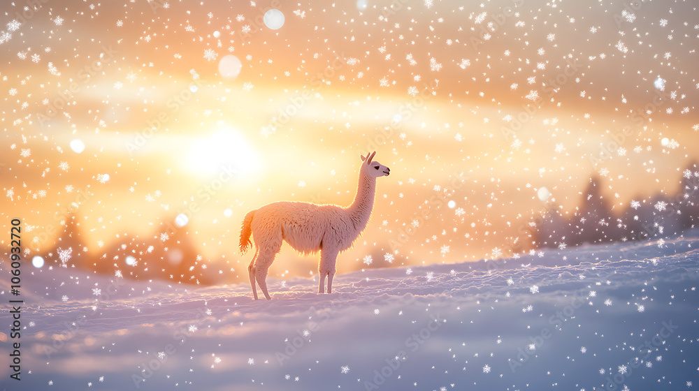 Lone Llama Trekking Through a Snow-Covered Landscape with Beautiful Winter Sunset and Snowflakes