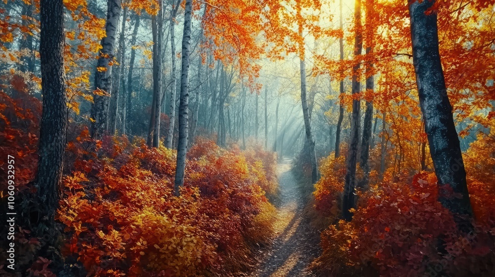 A forest scene with a narrow trail leading through a grove of trees ablaze with autumn colors, with dappled sunlight filtering through the leaves. A forest scene with a narrow trail leading through a grove of trees ablaze with autumn colors, with dappled sunlight filtering through the leaves.