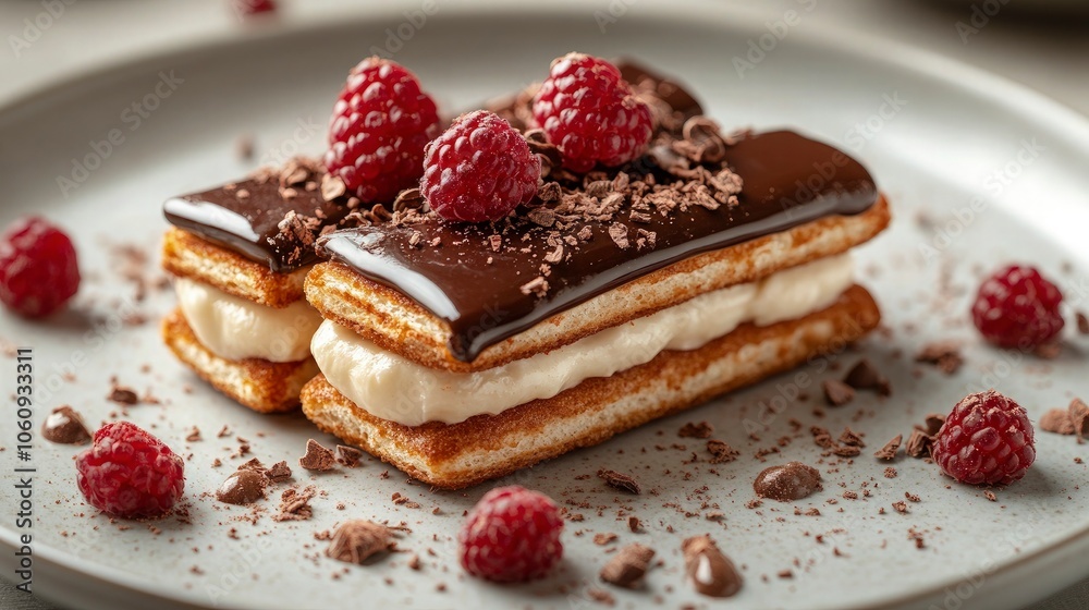 Eclairs filled with custard and topped with shiny chocolate glaze, modern plating, refined style Eclairs filled with custard and topped with shiny chocolate glaze, modern plating, refined style