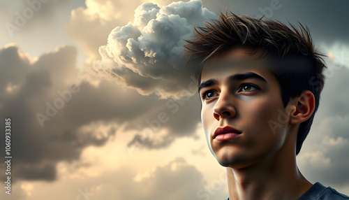 Portrait of a teenager with stormy cloud above him isolated with white shades, png photo