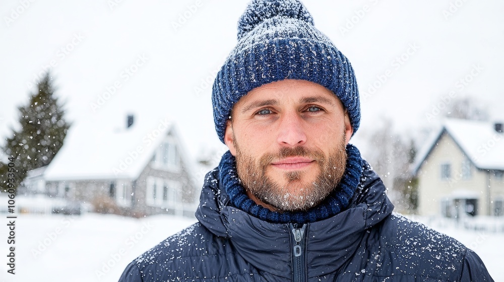 Portrait of a man with snow-covered beard and hat, winter chill concept Portrait of a man with snow-covered beard and hat, winter chill concept