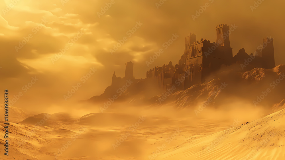 Obraz premium Wind-swept desert dunes with fog drift, otherworldly feel, 3d illustration. Wind-swept Desert. Illustration