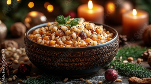 Festive Ukrainian kutya bowl, traditional Christmas dish made of wheat berries, honey, poppy seeds, and nuts, with candles in the background, warm and inviting atmosphere photo