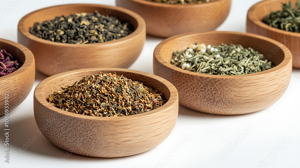 Assortment of dry tea in wooden bowls, medicinal herbs with chamomile Assortment of dry tea in wooden bowls, medicinal herbs with chamomile