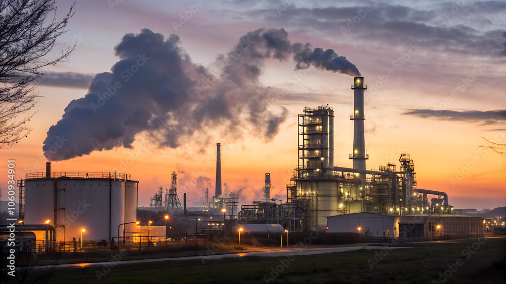 Industrial plant illuminated at sunset with steam and smoke rising Industrial plant illuminated at sunset with steam and smoke rising