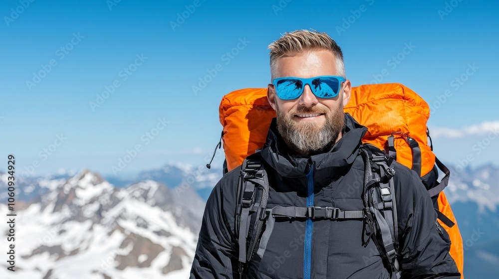 This image symbolizes outdoor exploration and high-altitude adventure sports with a confident man wearing reflective blue sunglasses and winter gear. This image symbolizes outdoor exploration and high-altitude adventure sports with a confident man wearing reflective blue sunglasses and winter gear.