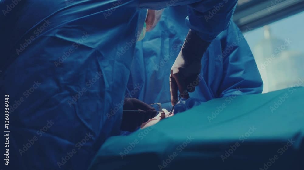 Assistant uses surgical instruments for close-up shot of practitioner's dark operating room Unknown professional surgeon performing serious surgical operation in clinic intensive care unit. Surgical p