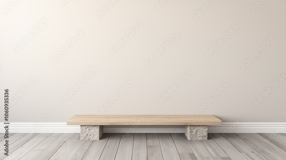 Fototapeta premium Wooden bench with stone base in front of a white wall.