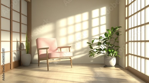 Minimalist, japandi interior design of modern stylish living room. Accent pink armchair against window.