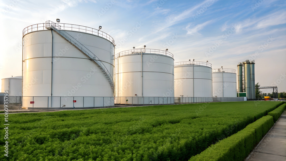 Modern biofuel storage tanks surrounded by lush greenery and blue skies Modern biofuel storage tanks surrounded by lush greenery and blue skies