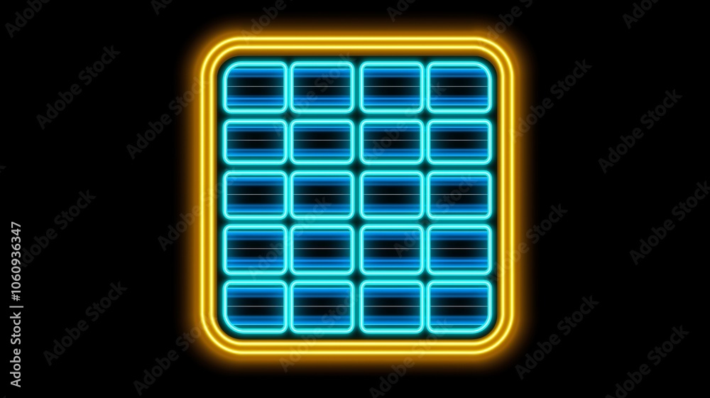 solar cell icon,Neon blue grid in a yellow frame on a black background. solar cell icon,Neon blue grid in a yellow frame on a black background.