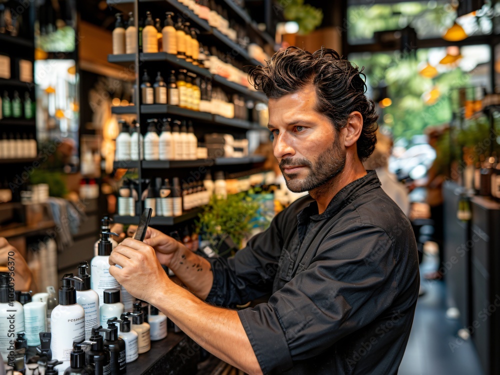 AI-Generated image of A man in a black shirt is standing behind a counter in a store. He is holding a bottle of shampoo and looking at it AI-Generated image of A man in a black shirt is standing behind a counter in a store. He is holding a bottle of shampoo and looking at it