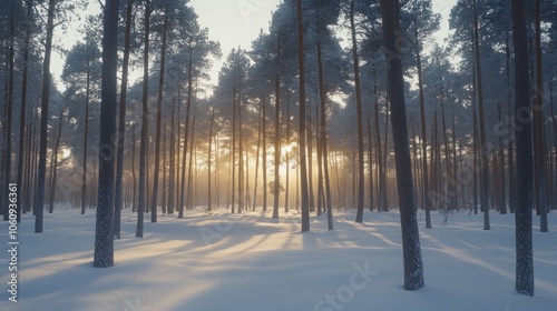 Sunbeams stream through a snowy pine forest at sunset, casting long shadows on the ground.