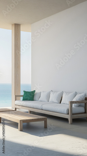 Cozy outdoor living space with a view of the ocean on a sunny day