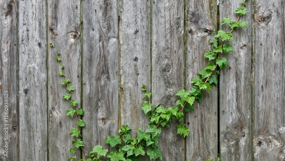 Vibrant green vine climbing old wooden fence Vibrant green vine climbing old wooden fence