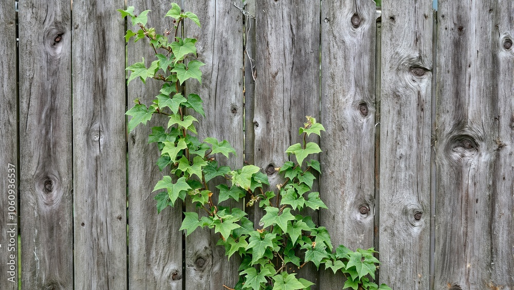Vibrant green vine climbing old wooden fence Vibrant green vine climbing old wooden fence