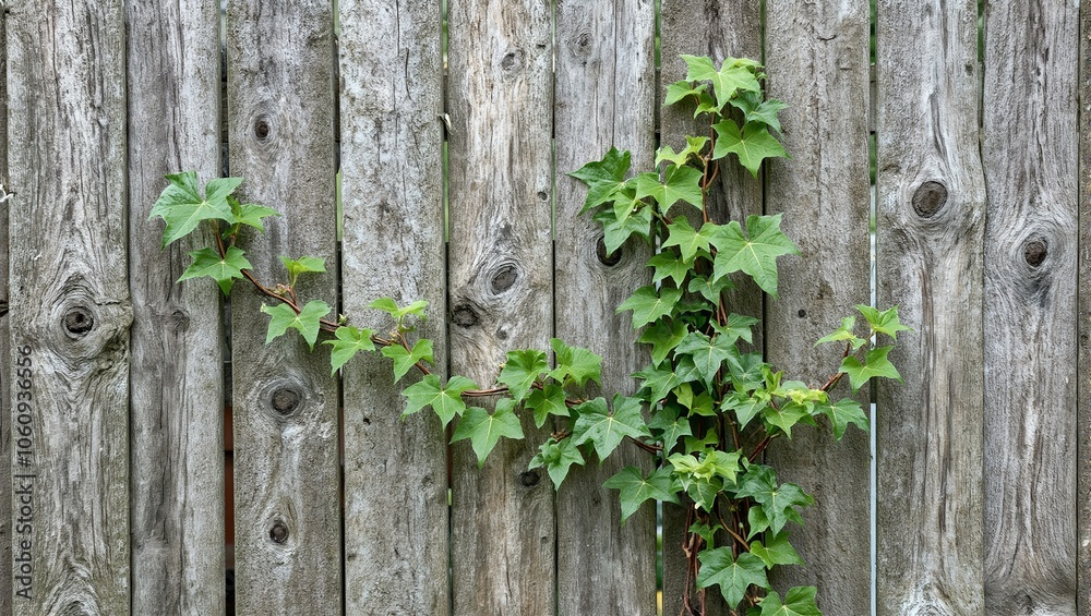Vibrant green vine climbing old wooden fence Vibrant green vine climbing old wooden fence
