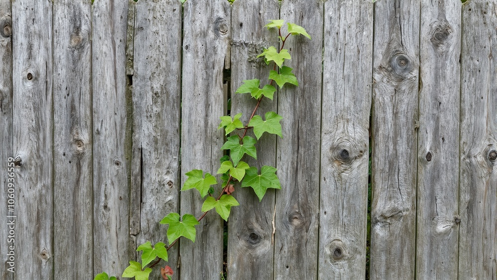 Vibrant green vine climbing old wooden fence Vibrant green vine climbing old wooden fence