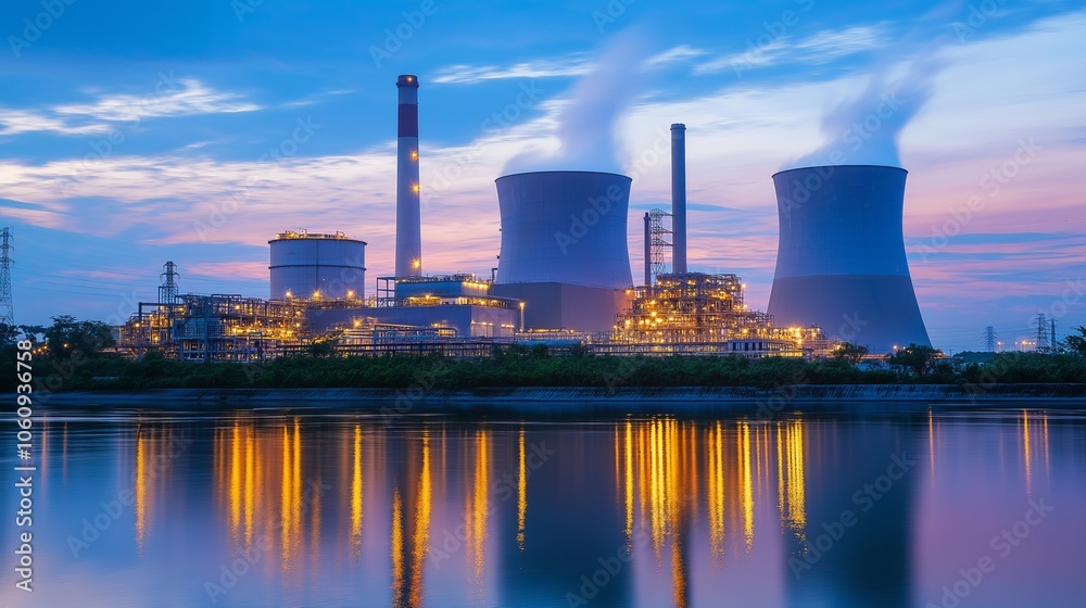 Industrial plant with cooling towers reflected in water at twilight. Industrial plant with cooling towers reflected in water at twilight.