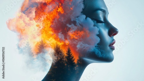 A double exposure of a woman's face and forest with fiery flames