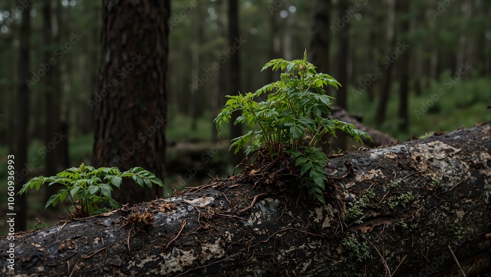 Life sprouting from decaying log in dense forest Life sprouting from decaying log in dense forest