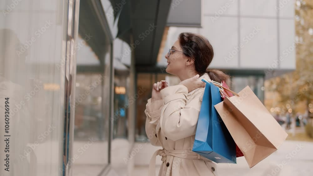 Woman carrying shopping bags admiring shop window display