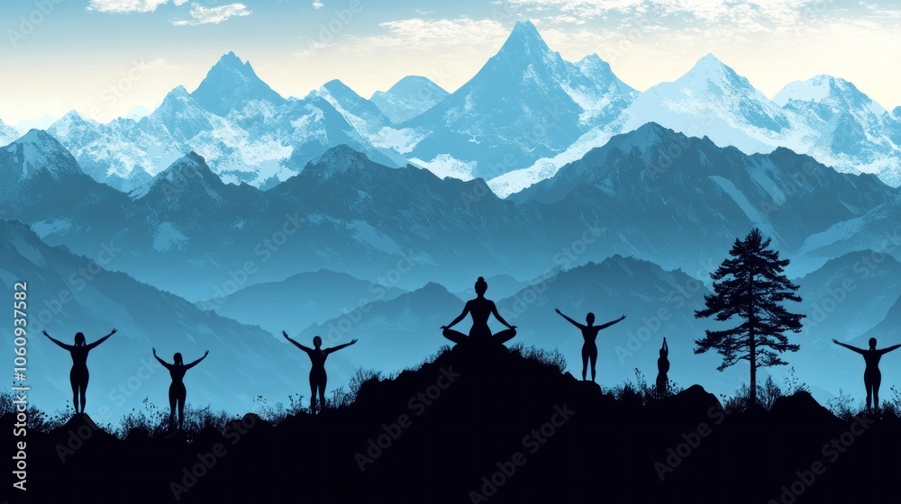 Fototapeta premium Silhouettes of Women Meditating in a Mountain Landscape