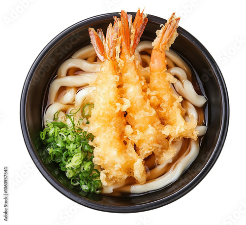 Top view of a bowl of udon noodles with tempura shrimp, isolated on a white background
