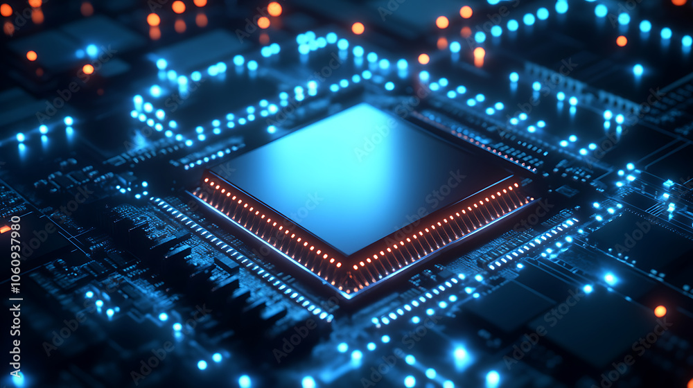 Futuristic microchip processor with lights on the blue background. Quantum computer; large data processing; database concept. CPU isometric banner. Central Computer Processors CPU concept Digital chip