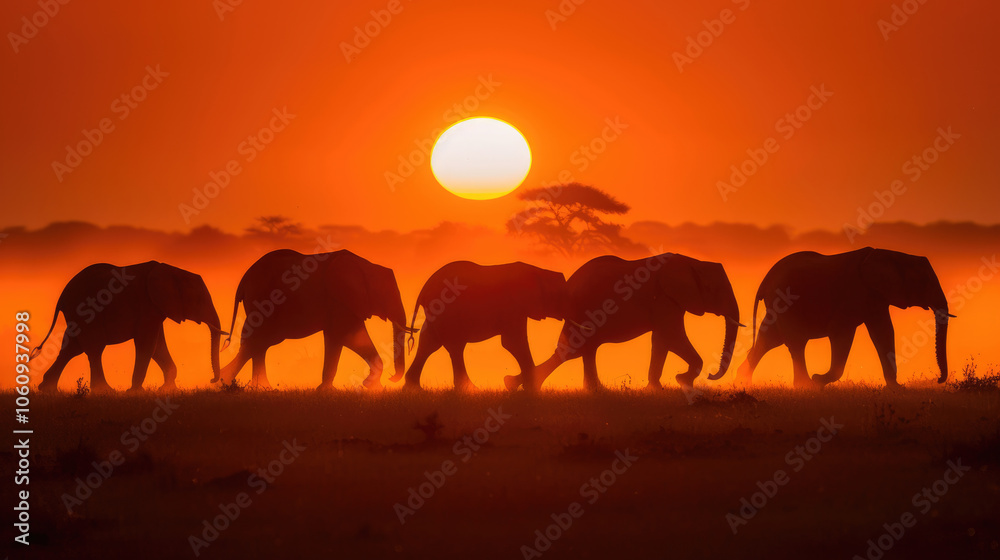 Fototapeta premium Elephants walking in silhouette at sunset over African savanna landscape during golden hour
