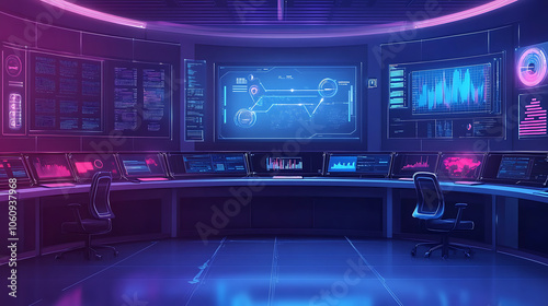 Futuristic cybersecurity command center with high, tech displays and analysts