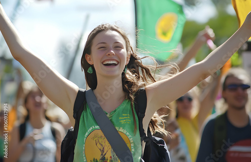 Young activist celebrates at a vibrant rally for environmental awareness in a sunny outdoor setting photo