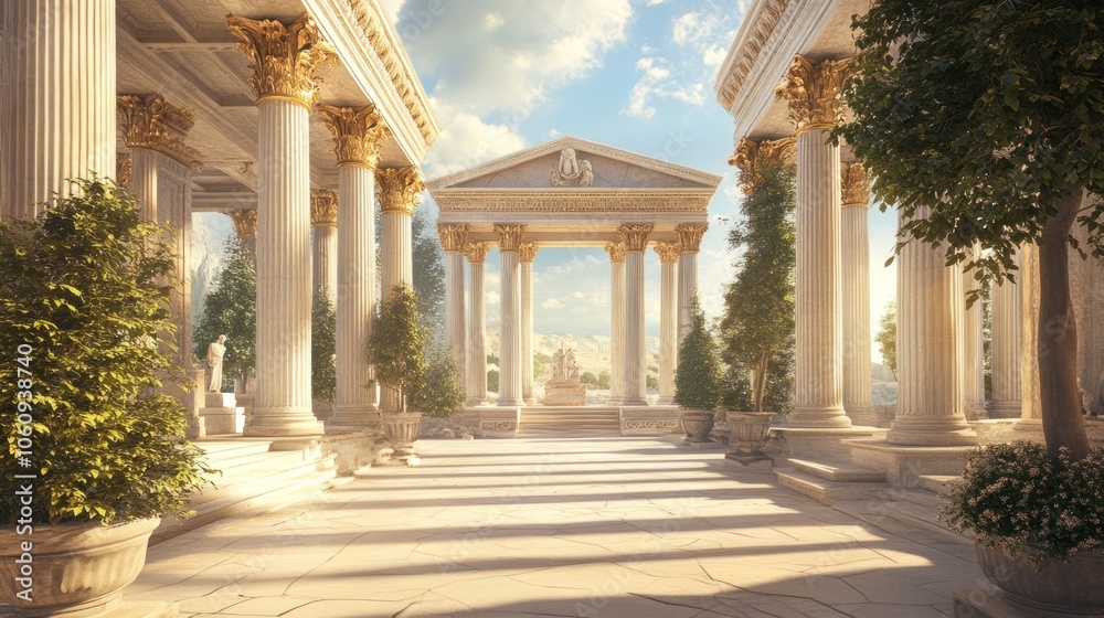 Obraz premium A grand, sunlit colonnade with classical architecture and lush greenery.