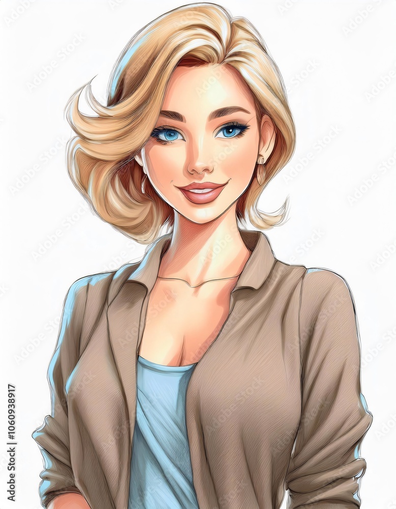 Smiling blonde businesswoman in light brown jacket and blue shirt poses for portrait Smiling blonde businesswoman in light brown jacket and blue shirt poses for portrait