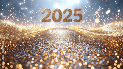 Fondo con la inscripción 2025 en color dorado, sobre fondo azul y superficie dorada con formas geométricas y círculos dorados, concepto navidad