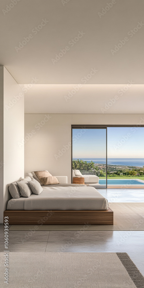 Modern bedroom with expansive ocean view and minimalist design near a serene pool Modern bedroom with expansive ocean view and minimalist design near a serene pool